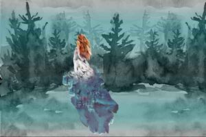 a watercolor painting of a mysterious woman walking into a pine forest